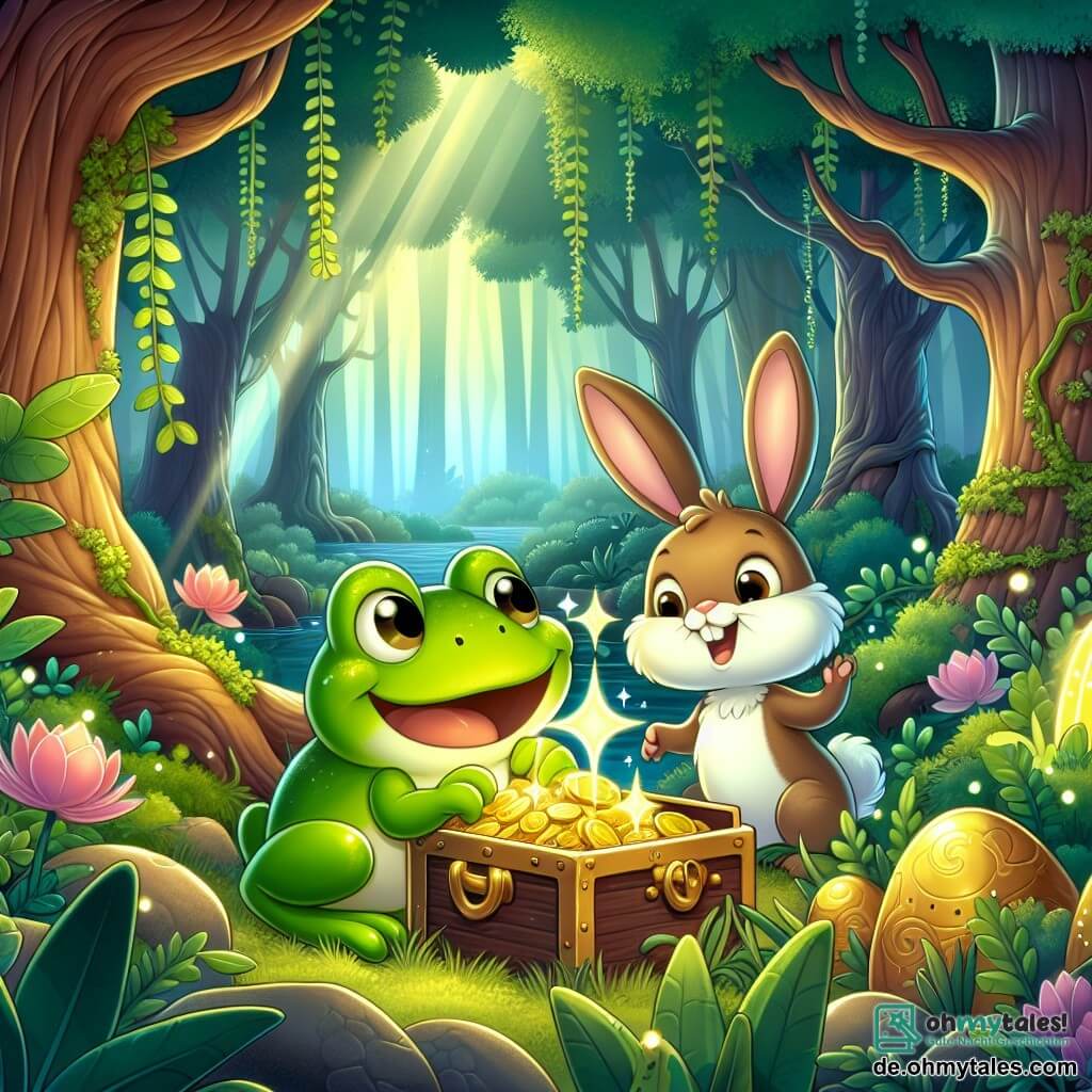 Une illustration destinée aux enfants représentant une petite grenouille verte, une situation de recherche d'un trésor magique avec l'aide d'un joyeux lapin brun, dans un magnifique et mystérieux bois enchanté aux arbres géants et aux fleurs lumineuses.