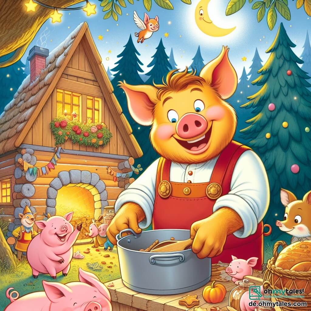 Une illustration destinée aux enfants représentant un joyeux cochon mâle préparant une fête avec ses amis animaux dans une charmante maison en bordure d'un bois enchanté, où règne une atmosphère chaleureuse et festive.