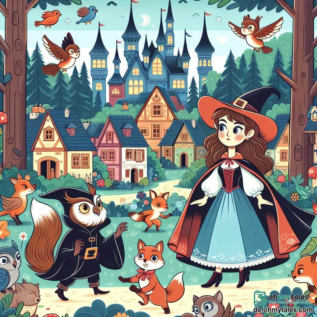 Une illustration destinée aux enfants représentant une jeune sorcière courageuse affrontant une sorcière maléfique dans une forêt enchantée, accompagnée de ses fidèles amis animaux, tels que des hiboux, des écureuils et des renards, dans le mystérieux et coloré village de Zauberwald.