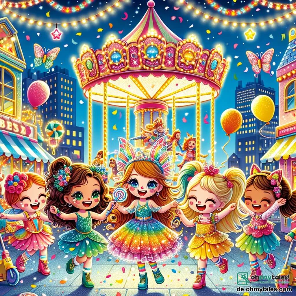 Eine Illustration zeigt eine lebendige Szene eines Karnevals in einer bunten Stadt. Der Ort ist ein großer festlicher Raum, gefüllt mit Ständen, die mit funkelnden Girlanden und bunten Ballons geschmückt sind, und einem riesigen Regenbogen darüber, der den blauen Himmel erhellt. In der Mitte dreht sich ein großer Karussell fröhlich, umgeben von Lachen und Musik. In dieser Szene stehen drei Mädchen von etwa 10 Jahren zusammen. Das erste Mädchen hat lockige braune Haare und trägt ein glitzerndes Feenkostüm mit leuchtenden Flügeln und einem Zauberstab in der Hand. Das zweite Mädchen hat geflochtene blonde Haare und ist als bunter Kater verkleidet, mit Katzenohren und lustigem Gesichtsmakeup. Das dritte Mädchen hat rote Haare und trägt ein Schmetterlingskostüm mit bunten Flügeln, die sanft auf- und zuklappen. Die Mädchen tanzen und lachen, während sie Konfetti in ihren Händen halten, und eine Gruppe von Kindern, darunter ein Junge, der als Clown mit einer roten Nase und einer großen Perücke verkleidet ist, gesellt sich zu ihnen, um zu feiern. Im Hintergrund schauen lächelnde Erwachsene zu, während Ballons in der Luft schweben und zur festlichen Atmosphäre beitragen. Funkelnde Lichter und Karnevalsdekorationen vervollständigen diese fröhliche und lebendige Illustration.