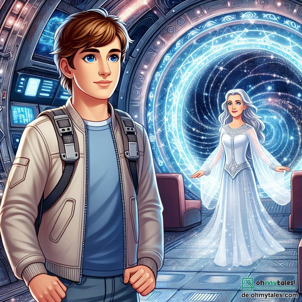 Une illustration sous forme de dessin destinée aux enfants représentant l'intérieur de la vieille station spatiale Zenthara, avec ses murs scintillants et ses symboles mystérieux, où un jeune homme aux cheveux bruns et aux yeux bleus, vêtu d'une combinaison spatiale légère, se tient déterminé devant un portail lumineux pulsant d'énergie, tandis qu'une femme aux longs cheveux argentés et aux yeux brillants, habillée d'une robe éthérée, l'encourage avec un sourire, alors qu'ils se préparent à affronter une sombre menace qui plane sur leur monde, entourés de l'éclat des étoiles et d'une atmosphère magique.