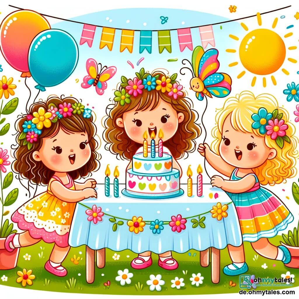 Une illustration sous forme de dessin destinée aux enfants représentant un jardin ensoleillé rempli de fleurs colorées, où un groupe de trois petites filles de deux ans, aux cheveux bouclés et vêtues de robes vives, s'amusent autour d'une table décorée avec un gâteau d'anniversaire, des bougies allumées et des ballons flottants, tandis qu'un petit schmetterling coloré vole joyeusement autour d'elles, capturant l'esprit de la fête et de l'amitié.