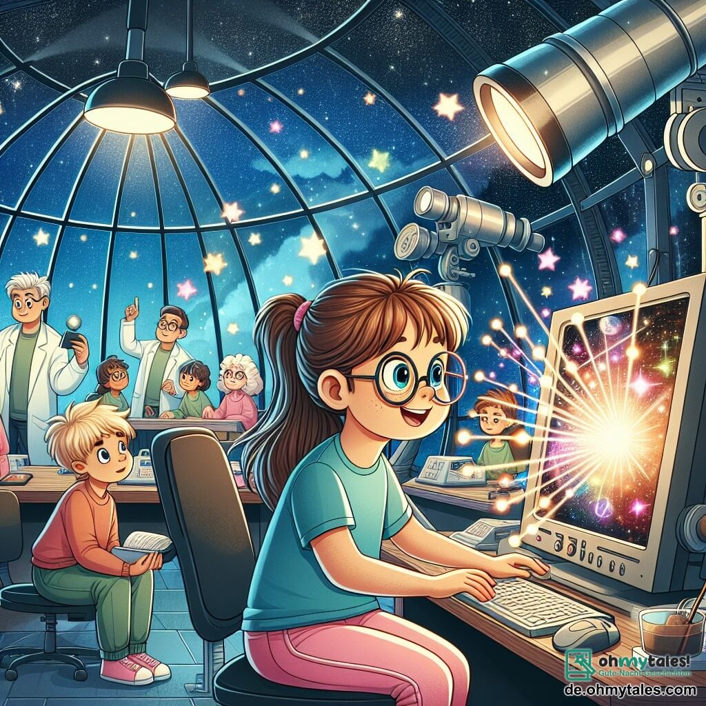 Illustration eines modernen Astronomielabors, gefüllt mit großen Teleskopen, bunten Sternenkarten und leuchtenden Tafeln, die geheimnisvolle Daten anzeigen. Im Mittelpunkt der Szene sitzt ein 7-jähriges Mädchen mit langen braunen Haaren und runden Brillen, das ein blaues T-Shirt und rosa Hosen trägt, vor einem Computer, die Augen vor Aufregung weit geöffnet, während sie einen Bildschirm mit Lichtsignalen beobachtet. Neben ihr schaut ein 7-jähriger Junge mit zerzausten blonden Haaren, der ein grünes T-Shirt trägt, ebenfalls mit einem staunenden Lächeln auf den Bildschirm. Im Hintergrund beugen sich konzentrierte erwachsene Wissenschaftler, Männer und Frauen, über Instrumente und diskutieren miteinander. Die Hauptsituation zeigt, wie das Mädchen und der Junge gemeinsam ein geheimnisvolles Signal aus dem Weltraum entdecken, symbolisiert durch Lichtblitze und seltsame Formen, die um sie herum schweben und die Idee einer extraterrestrischen Kommunikation hervorrufen. Funkelnde Sterne und ein Hintergrund mit nächtlichem Himmel verleihen der Illustration einen magischen Touch und verstärken das Thema des Weltraumabenteuers.