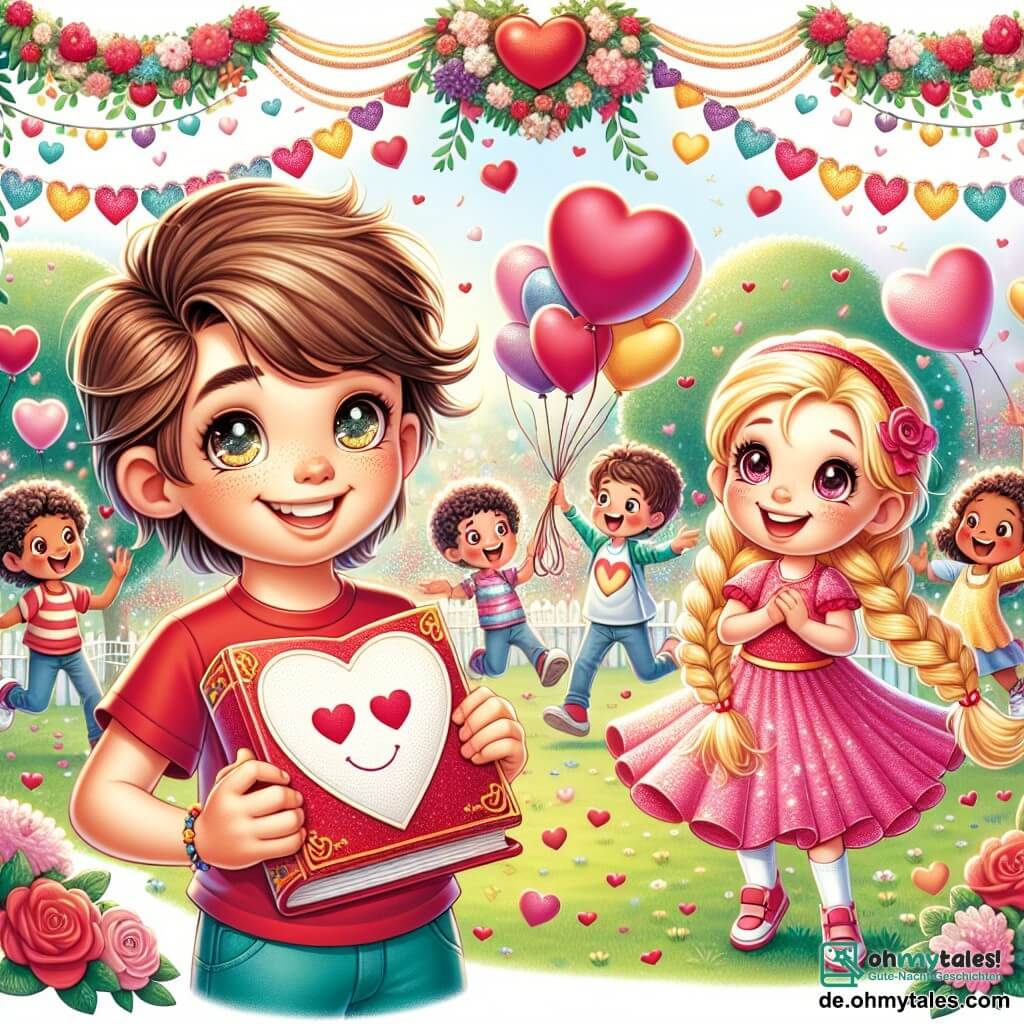 Une illustration sous forme de dessin destinée aux enfants représentant un parc coloré décoré de cœurs et de guirlandes pour la Saint-Valentin, où un garçon de 11 ans aux cheveux bruns et aux yeux pétillants, portant un T-shirt rouge avec un grand cœur blanc, sourit joyeusement en tenant un livre fait main, tandis qu'une fille aux cheveux blonds tressés et portant une robe rose éclatante rit à ses côtés, entourés d'amis qui s'amusent à faire des ballons, capturant l'instant magique d'une célébration d'amitié et d'amour.