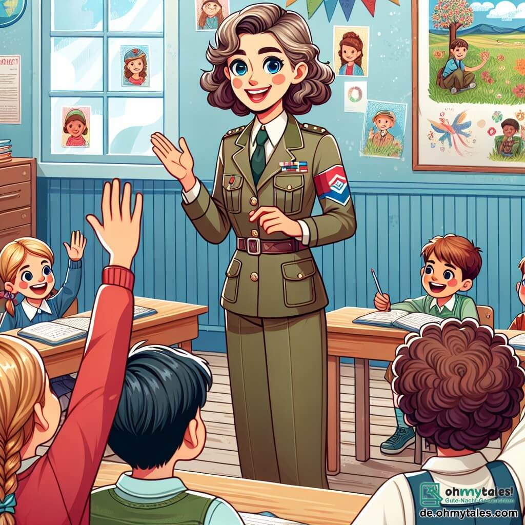 Une illustration sous forme de dessin destinée aux enfants représentant une salle de classe colorée dans une petite école, où une femme aux cheveux bruns et bouclés, vêtue d'un uniforme militaire décontracté, sourit chaleureusement tout en expliquant le concept de paix à un groupe d'enfants, dont un garçon aux cheveux blonds qui lève la main avec enthousiasme et une fille aux cheveux bruns et bouclés qui écoute attentivement, tandis qu'un grand poster sur le mur affiche des dessins d'enfants illustrant des scènes de paix et d'amitié, créant une atmosphère d'apprentissage joyeuse et inspirante.