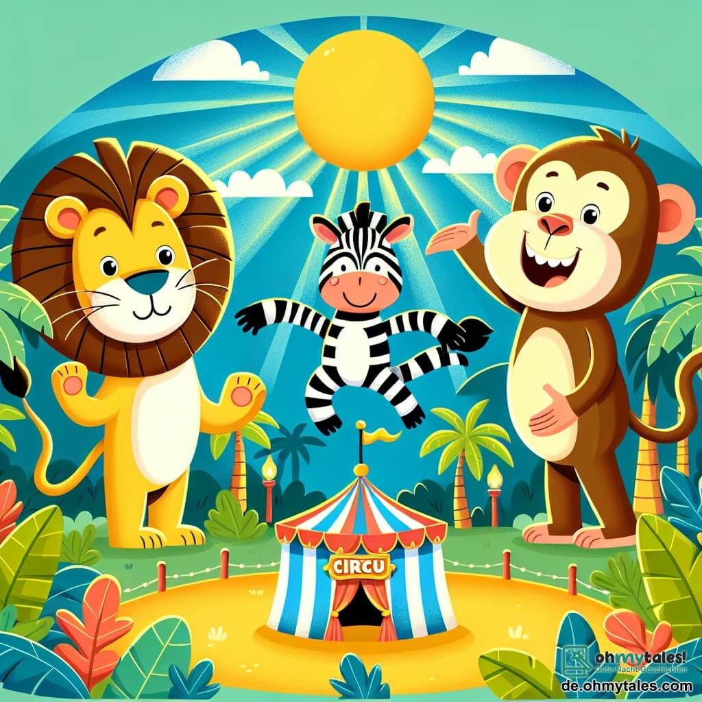 Une illustration destinée aux enfants représentant un lion espiègle, un zèbre amical et une famille de singes rigolos dans un cirque coloré au cœur de la jungle ensoleillée.