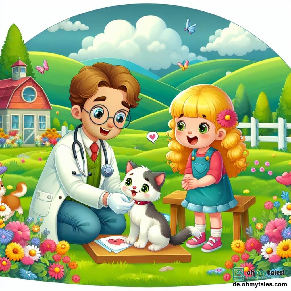 Une illustration destinée aux enfants représentant un vétérinaire homme attentionné soignant un chaton blessé, accompagné d'une petite fille enthousiaste aux boucles dorées, dans une charmante prairie parsemée de fleurs colorées et entourée de collines verdoyantes.