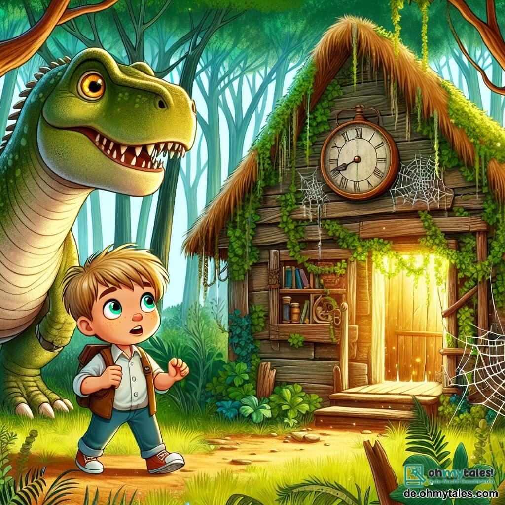 Une illustration destinée aux enfants représentant un garçon aux cheveux blonds et aux yeux pétillants, curieux et intrépide, se tenant devant un vieux schuppen en bois, recouvert de lierre et de toiles d'araignées, où il découvre une mystérieuse machine à voyager dans le temps, tandis qu'un imposant dinosaure, ami fidèle et protecteur, l'observe avec des yeux doux, le tout dans un cadre verdoyant, rempli de grands arbres aux feuilles luxuriantes et d'une lumière dorée filtrant à travers les branches.