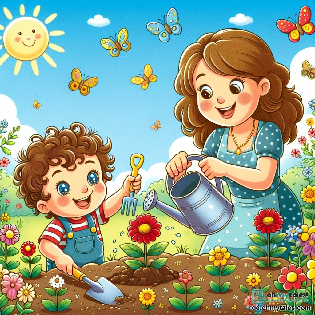 Une illustration sous forme de dessin destinée aux enfants représentant un jardin ensoleillé rempli de fleurs colorées, avec un petit garçon de 2 ans aux cheveux bouclés et aux yeux pétillants, en train de creuser avec un petit spade dans la terre pour planter une fleur rouge, tandis que sa maman, une femme souriante aux cheveux longs et bruns, arrose les plantes avec une arrosoir, le tout sous un ciel bleu clair et avec des papillons volant autour, capturant l'esprit joyeux d'une journée d'été.
