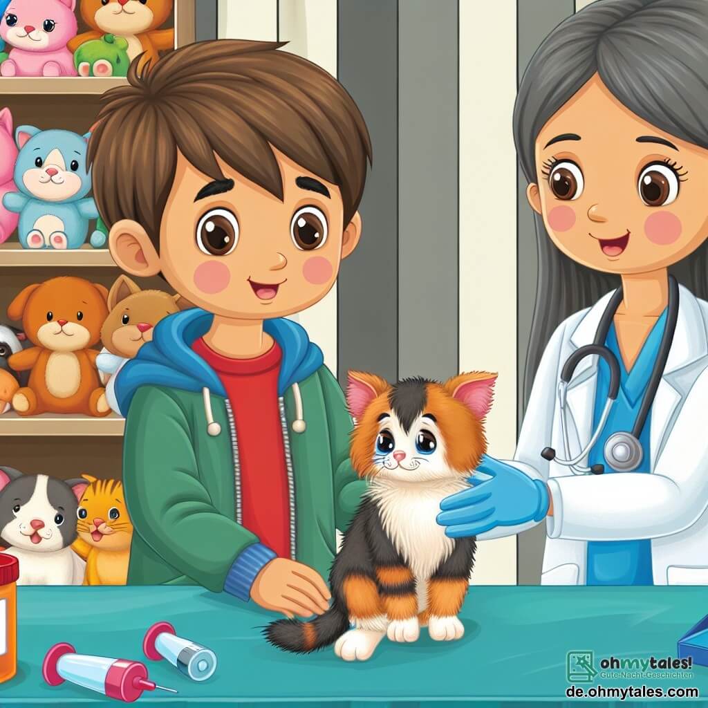 Une illustration destinée aux enfants représentant un jeune garçon passionné par les animaux, aidant une petite chatte blessée, accompagné d'une gentille vétérinaire, dans une clinique vétérinaire colorée et chaleureuse remplie de jouets et de peluches.