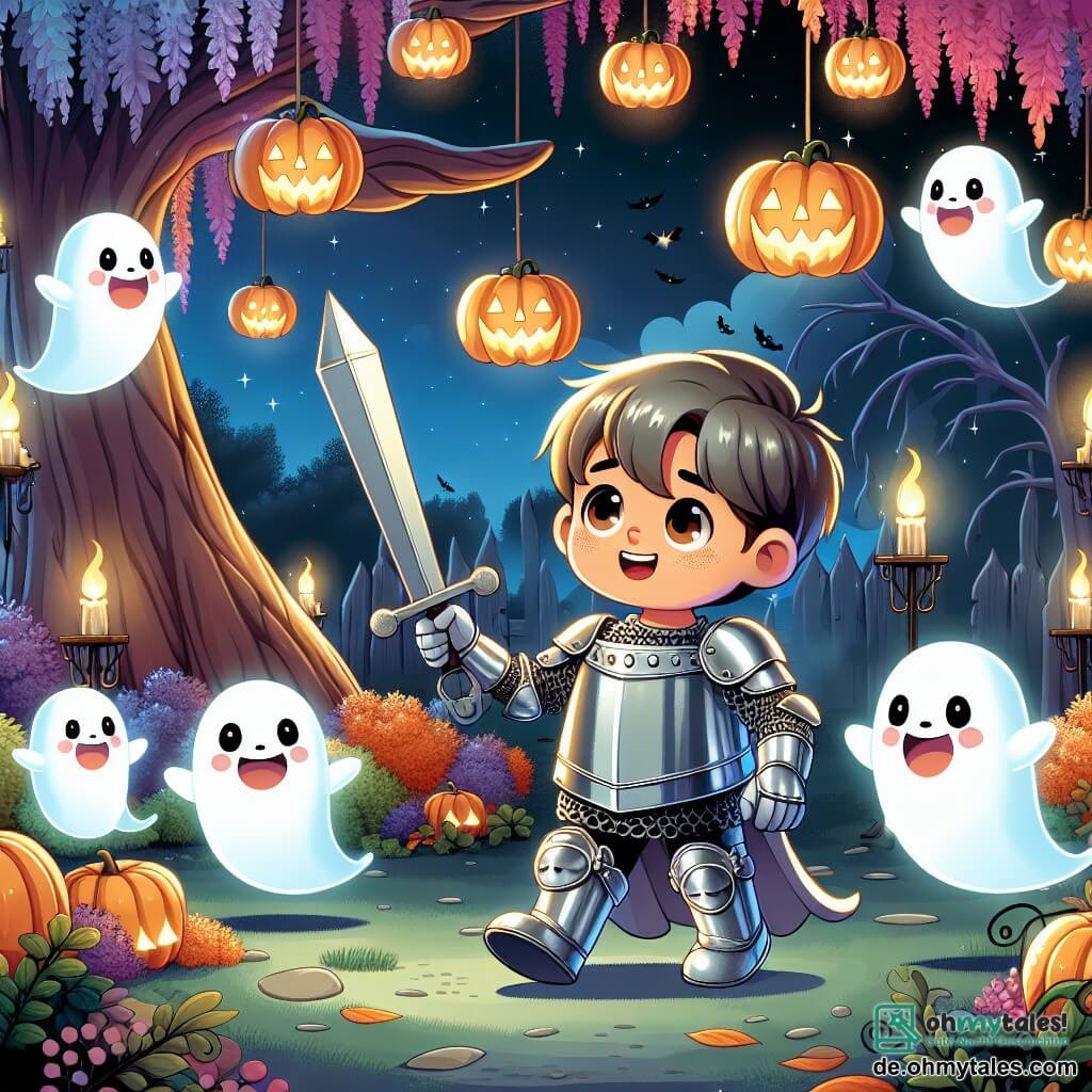Une illustration sous forme de dessin destinée aux enfants représentant un jardin enchanté décoré pour Halloween, avec des lanternes en forme de citrouilles illuminées, où un garçon de 5 ans, vêtu d'une armure en aluminium et tenant un épée en carton, explore avec émerveillement, entouré de petits fantômes joyeux aux visages souriants et aux corps translucides, qui dansent autour de lui, tandis qu'un grand arbre aux feuilles multicolores se dresse en arrière-plan, créant une atmosphère magique et festive.
