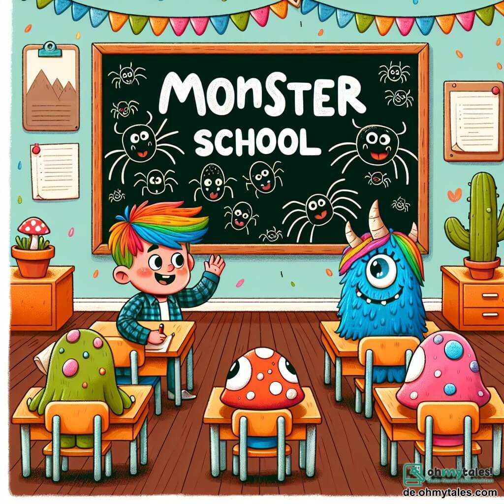 Une illustration destinée aux enfants représentant un petit monstre garçon découvrant un nouveau monstre fille aux cheveux multicolores dans la salle de classe de l'école des monstres, remplie de bureaux en forme de champignons et de tableaux d'araignées souriantes.