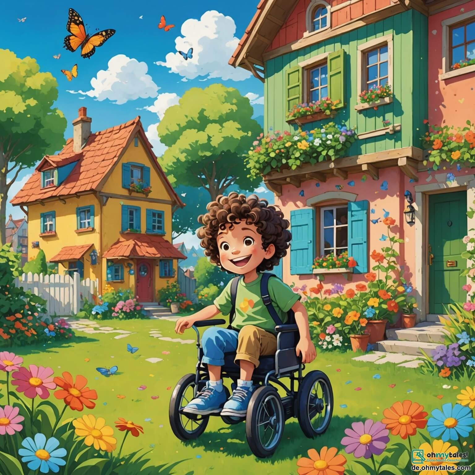Une illustration destinée aux enfants représentant un petit garçon aux cheveux bouclés et à la grande sourire, assis sur l'herbe verte du jardin d'une maison colorée, où il joue joyeusement avec une petite fille en fauteuil roulant, entourée de fleurs éclatantes aux couleurs vives, de papillons dansant autour d'eux et d'un ciel bleu parsemé de nuages blancs moelleux.