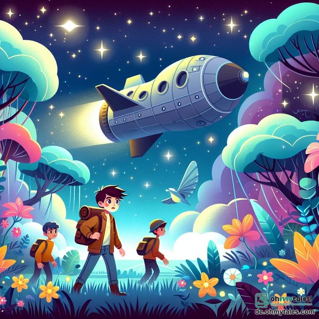 Une illustration destinée aux enfants représentant un jeune homme intrépide, accompagné de ses amis, explorant un mystérieux vaisseau spatial coincé dans les nuages d'une planète lointaine aux arbres lumineux et aux fleurs colorées.