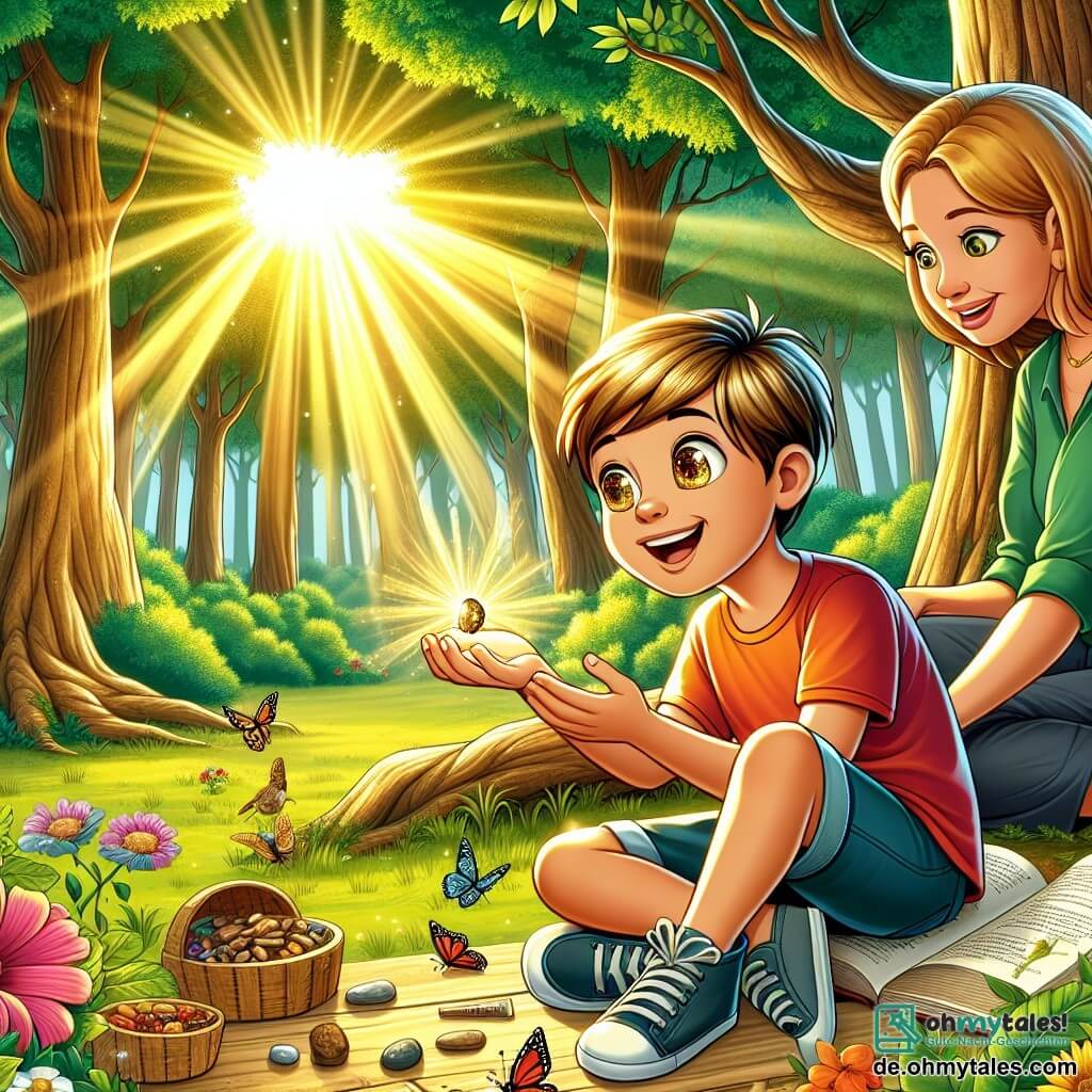 Illustration einer wunderschönen sonnigen Waldlandschaft mit großen, robusten Bäumen und leuchtend grünen Blättern, die goldene Lichtstrahlen durchlassen. Im Mittelpunkt des Bildes hockt ein 11-jähriger Junge mit blonden Haaren und funkelnden Augen auf dem Boden und betrachtet einen schönen, glänzenden Stein, den er gefunden hat. Er trägt ein buntes T-Shirt und Shorts, und sein Gesicht zeigt Staunen und Neugier. Neben ihm sitzt seine Mutter, eine Frau in ihren Dreißigern mit braunen Haaren und einem warmen Lächeln, auf einer Picknickdecke, umgeben von köstlichen Snacks. Sie schaut stolz auf ihren Sohn, während sie ein Buch über die Natur hält. Die Szene strahlt Freude und Entdeckung aus, mit Vögeln, die in den Bäumen singen, und bunten Blumen, die um sie herum verstreut sind, was die Harmonie zwischen Technologie und Natur symbolisiert.