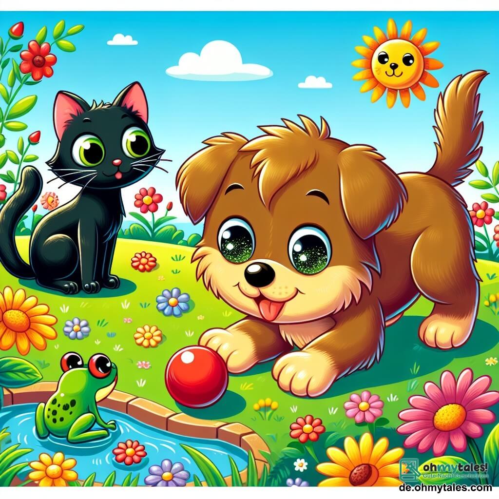 Une illustration sous forme de dessin destinée aux enfants représentant un jardin ensoleillé rempli de fleurs colorées, où un petit chien au pelage brun et aux yeux pétillants cherche son précieux ballon rouge, tandis qu'une petite chatte noire avec une mignonne pointe blanche sur la queue l'observe attentivement, et un grenouille verte les regarde de près depuis le bord d'un petit étang, le tout évoquant une atmosphère de camaraderie et d'aventure.