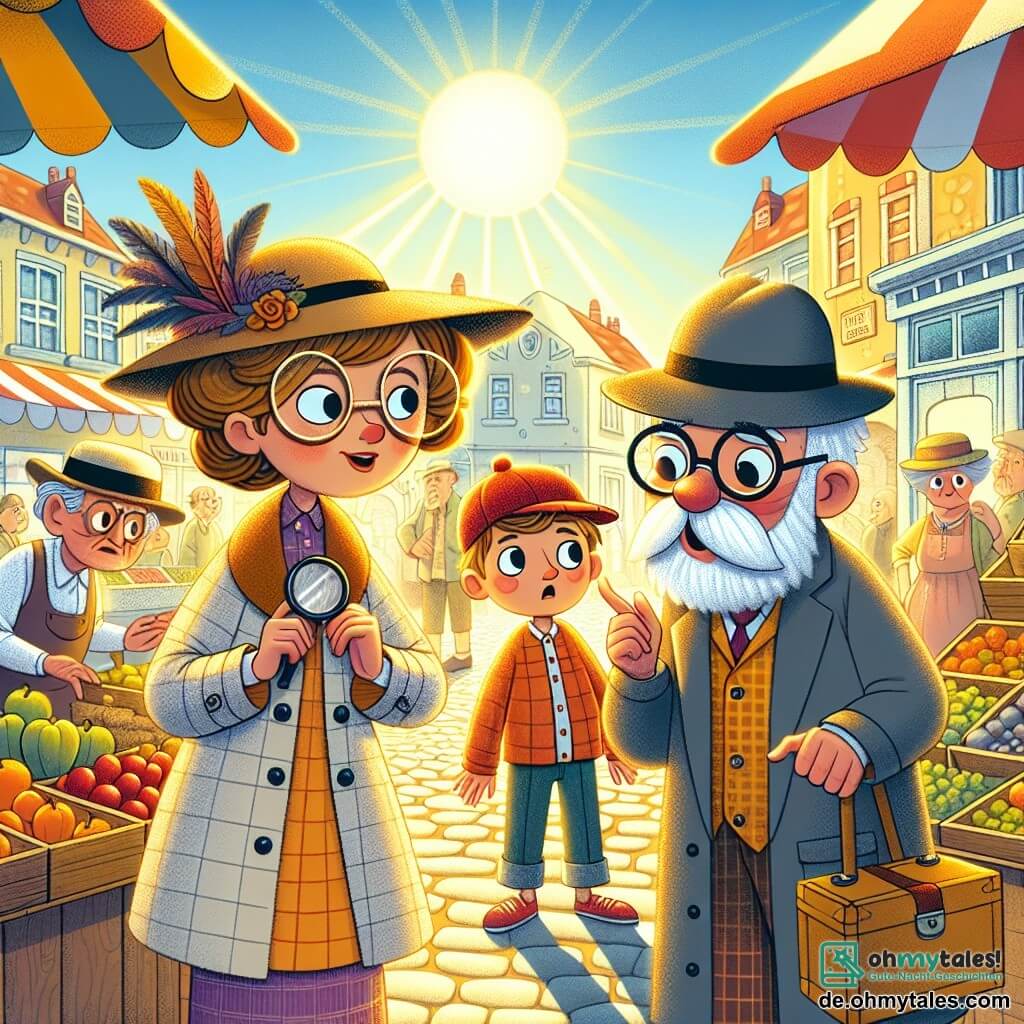 Une illustration sous forme de dessin destinée aux enfants représentant un marché coloré et animé dans une petite ville ensoleillée, où une femme détective aux cheveux bouclés et à la grande rondeur de lunettes, portant un chapeau à plumes, interroge un vieil homme à la barbe blanche, visiblement inquiet, tandis qu'un jeune garçon à la casquette rouge, curieux, les observe de près, le tout dans une atmosphère de mystère et d'excitation, alors qu'ils cherchent à résoudre le vol d'un porte-monnaie perdu.
