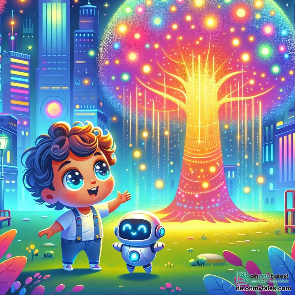 Une illustration sous forme de dessin destinée aux enfants représentant un parc futuriste dans la ville colorée de Glitzerstadt, avec un garçon de 3 ans aux grands yeux brillants et aux cheveux bouclés, émerveillé devant un immense arbre lumineux aux branches scintillantes, tandis qu'un petit robot aux yeux clignotants et au corps rond, qui semble joyeux, flotte à ses côtés, alors qu'ils partagent un moment magique en découvrant que l'arbre peut exaucer des souhaits, le tout baigné dans des lumières éclatantes et des couleurs vives.