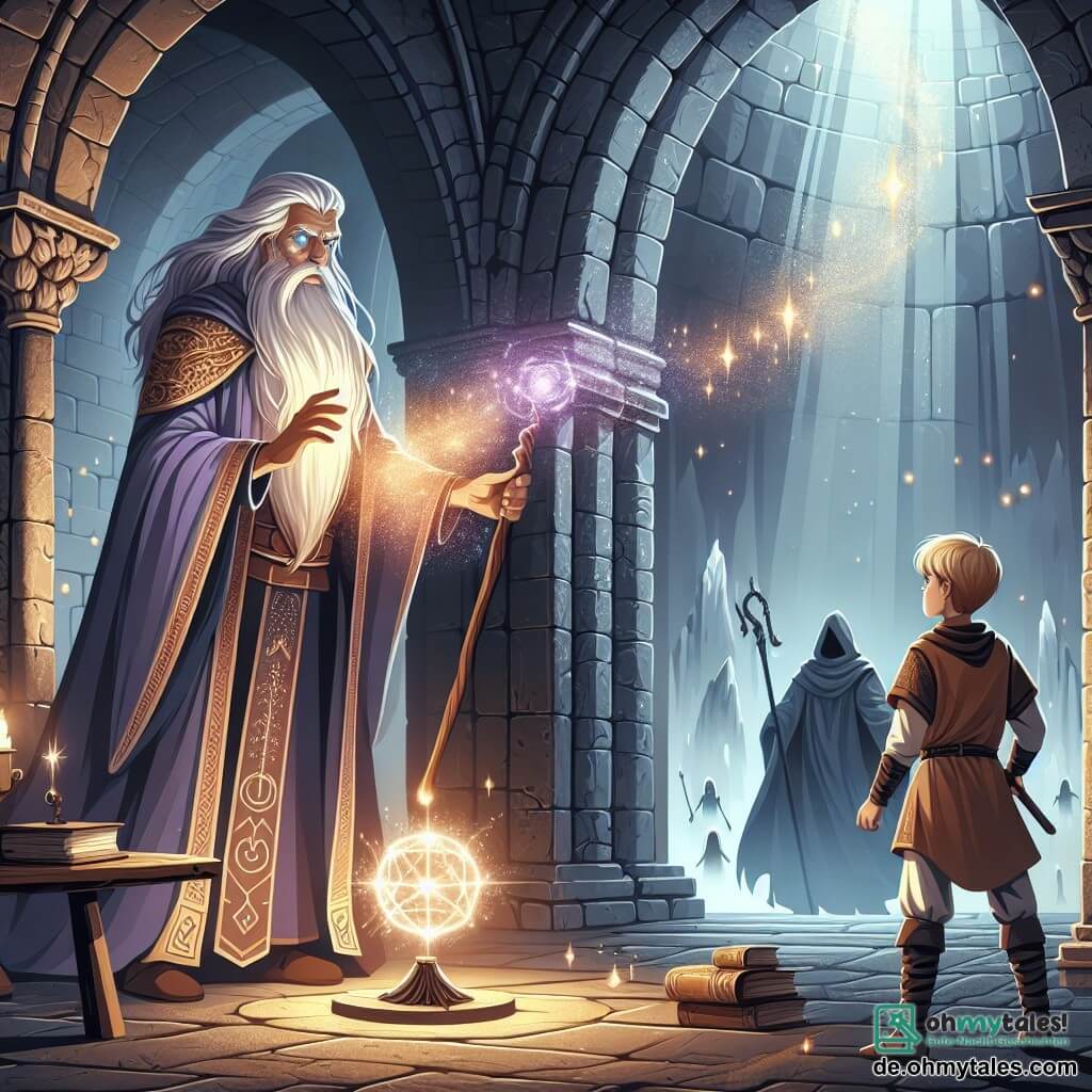 Une illustration sous forme de dessin destinée aux enfants représentant une scène héroïque dans un ancien château en pierre, où un homme à la longue barbe argentée et aux yeux brillants, vêtu d'une robe de mage ornée de runes scintillantes, lève son bâton magique vers un cristal lumineux flottant au-dessus d'une table, tandis qu'une jeune fille aux cheveux dorés, portant une tunique simple et un regard déterminé, se tient à ses côtés, prête à l'aider à combattre les ombres menaçantes qui se rapprochent, avec des éclairs de lumière et des créatures sombres en arrière-plan, créant une atmosphère de magie et d'aventure.