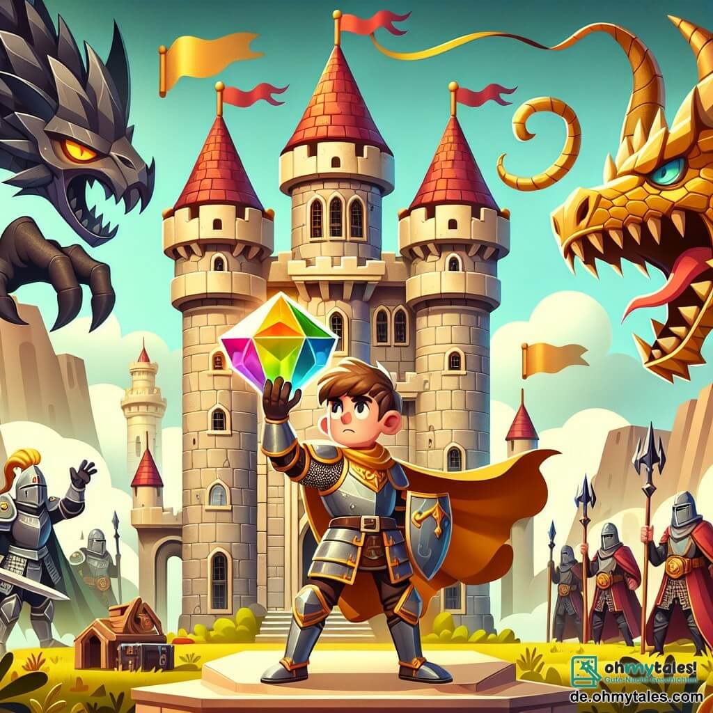 Une illustration sous forme de dessin destinée aux enfants représentant un château majestueux avec des tours en pierre et des drapeaux flottants, où un chevalier courageux, un homme aux cheveux bruns et à l'armure scintillante, lève un cristal coloré au-dessus de sa tête, tandis qu'une armée sombre se tient à l'horizon, avec des soldats en armures noires et des visages menaçants, prêts à attaquer, et un dragon majestueux aux écailles dorées observant la scène avec des yeux perçants, symbolisant la lutte entre le bien et le mal dans un royaume fantastique.