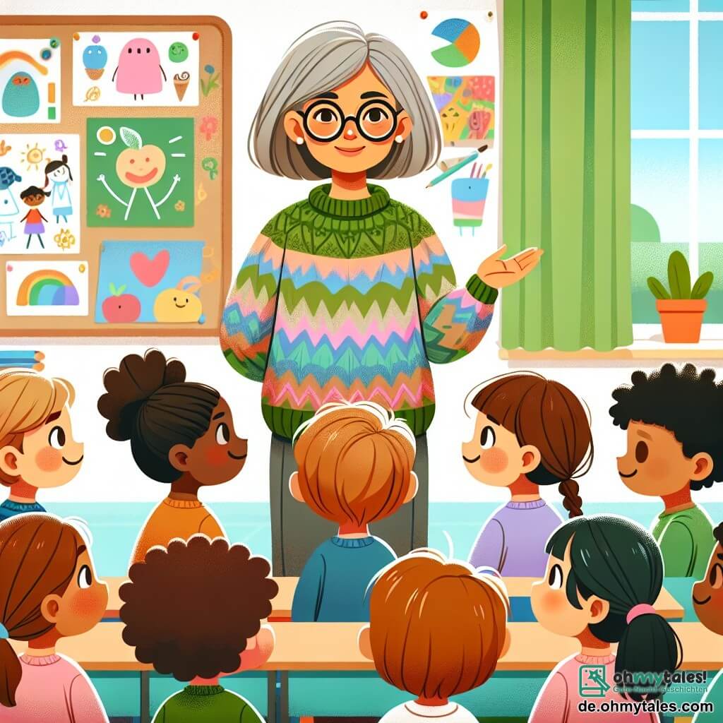 Une illustration destinée aux enfants représentant un instituteur bienveillant, portant des lunettes rondes et un gilet coloré, enseignant à un groupe d'enfants curieux et enthousiastes dans une salle de classe lumineuse décorée de dessins colorés et de plantes vertes.