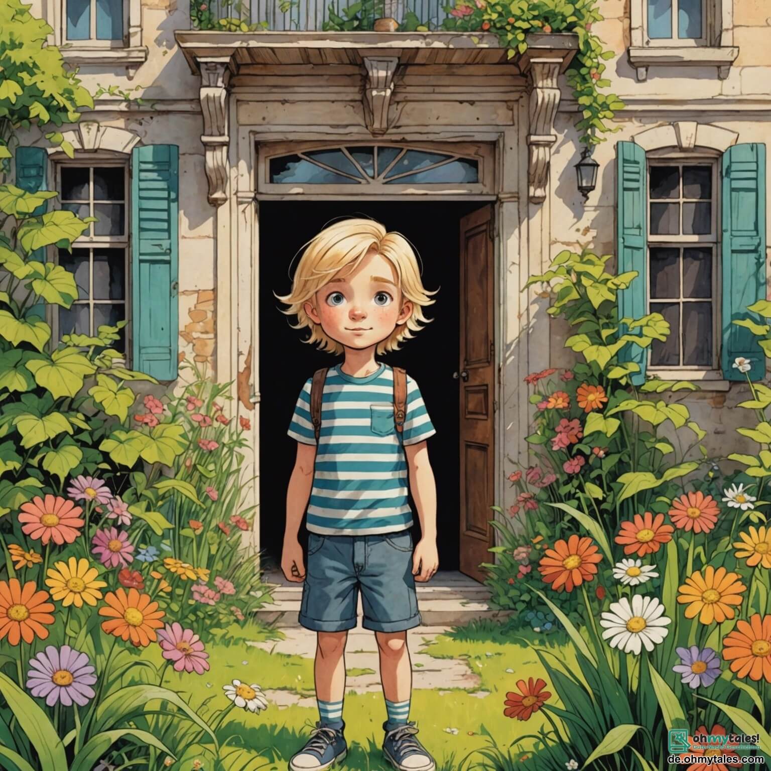 Une illustration destinée aux enfants représentant un garçon aux cheveux blonds éclatants et aux yeux pétillants de curiosité, vêtu d'un t-shirt rayé et d'un short, se tenant déterminé devant un grand et mystérieux manoir aux volets décolorés, entouré d'un jardin sauvage où les fleurs colorées luttent pour percer à travers les herbes folles, tandis qu'à ses côtés, sa meilleure amie aux longs cheveux bruns tressés, pleine d'enthousiasme, et son petit frère aux joues rondes et aux yeux brillants d'excitation, l'encouragent à résoudre le mystère du vélo volé qui les entraîne dans une aventure palpitante à travers leur paisible village.