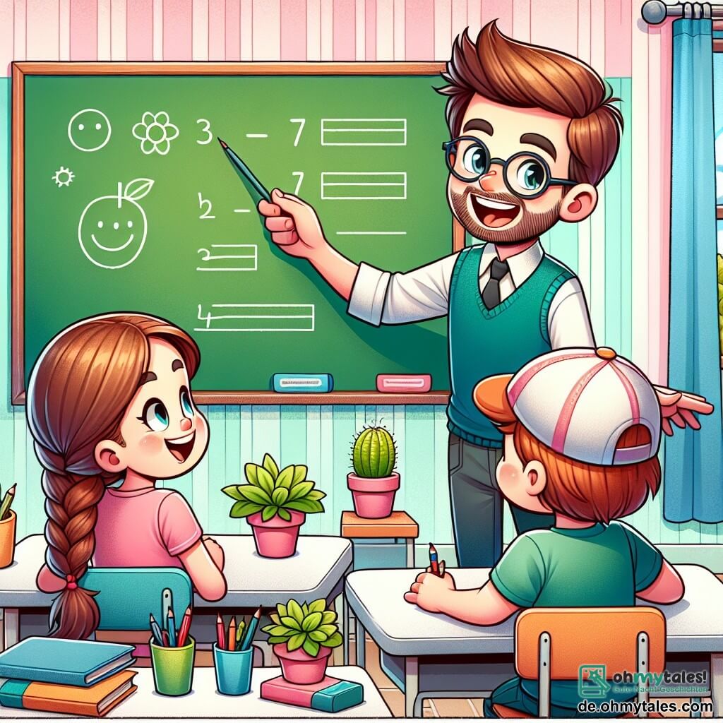 Une illustration sous forme de dessin destinée aux enfants représentant une salle de classe colorée avec des murs aux teintes pastel, où un homme souriant aux cheveux bruns et portant des lunettes, debout devant un tableau, explique avec enthousiasme à ses élèves, une fille aux deux tresses et un garçon avec une casquette rouge, qui regardent leurs pots de plantes avec émerveillement, alors qu'ils s'apprêtent à réaliser un expérience sur la croissance des plantes, entourés de livres et de fournitures scolaires éparpillées sur leurs bureaux.