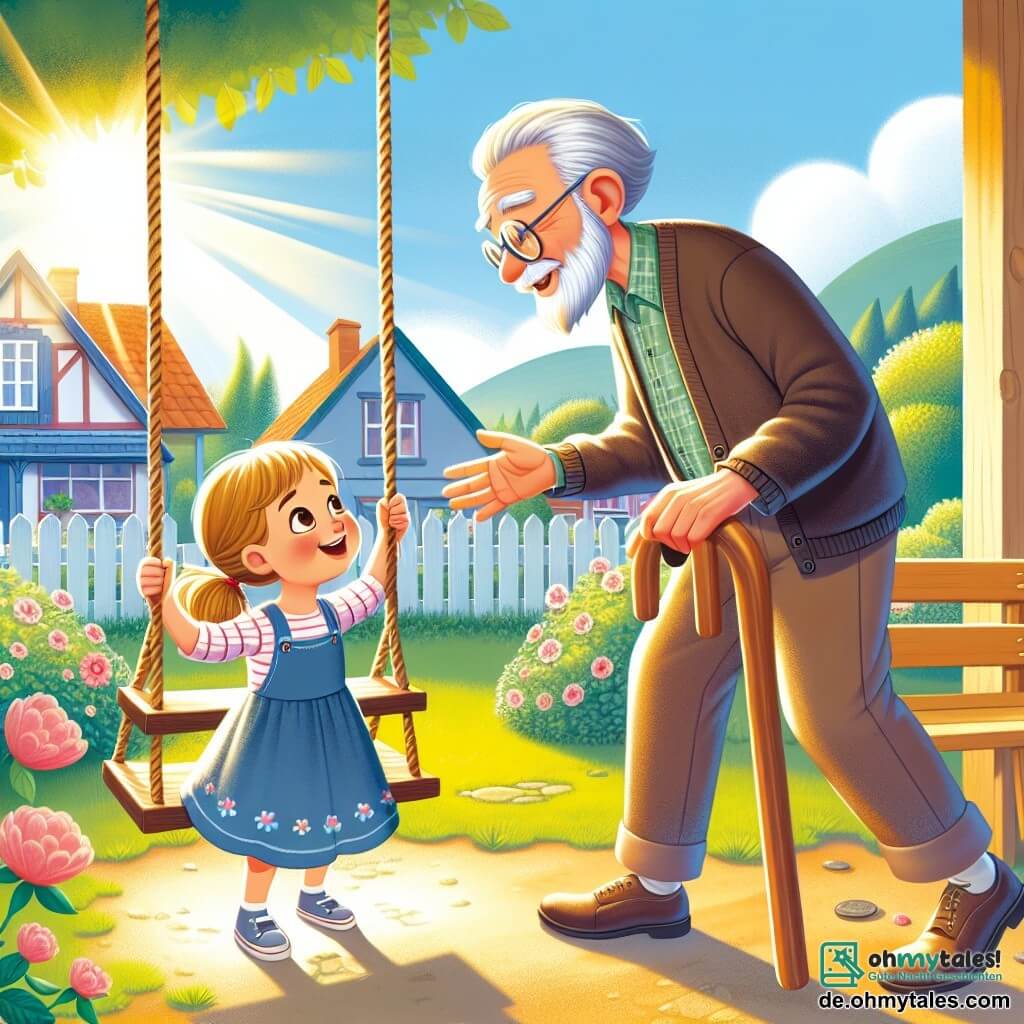 Une illustration destinée aux enfants représentant une petite fille curieuse et déterminée, confrontée à la difficulté d'atteindre une magnifique et brillante balançoire géante, avec l'aide précieuse d'une gentille voisine âgée, dans le jardin ensoleillé de la pittoresque ville de Blumenhausen.
