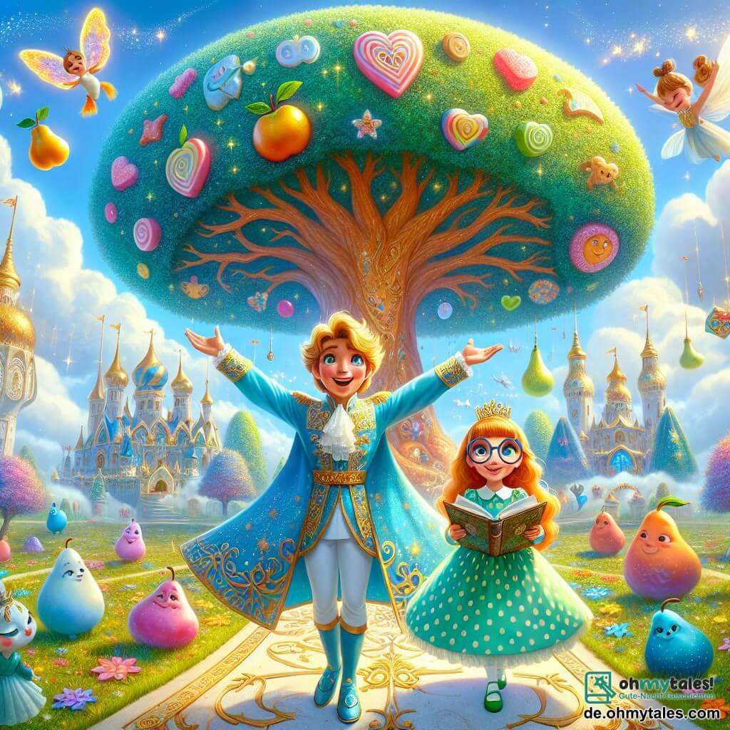 Illustration einer magischen Szene in einem weiten, bunten verzauberten Königreich. Der Himmel ist strahlend blau, durchzogen von wolkenförmigen Bonbons, während ein riesiger Baum mit bunten Blättern im Zentrum steht, dessen Äste sich wie einladende Arme ausstrecken. Am Fuße dieses Baumes strahlt ein lächelnder Prinz mit goldenen Haaren im Sonnenlicht. Er trägt eine himmelblaue Tunika mit goldenen Mustern und eine weiße Hose. Er lacht fröhlich, die Arme zum Himmel erhoben, bereit, auf einer birnenförmigen Wolke zu fliegen. Neben ihm beobachtet ein kleines Schulmädchen mit braunen Haaren, etwa acht Jahre alt, großen runden Brillen und einem grünen gepunkteten Kleid, fasziniert. Sie hält ein offenes Buch in den Händen, ihre Augen funkeln vor Neugier. Die Szene zeigt den Prinzen und das Schulmädchen, die im Begriff sind, auf der magischen Wolke zu fliegen, umgeben von funkelnden kleinen Sternen und fantastischen Kreaturen wie bunten Vögeln und leuchtenden Schmetterlingen, die um sie herumtanzen. Die Atmosphäre ist fröhlich und voller Lachen, die den Geist von Abenteuer und Freundschaft dieser verzauberten Geschichte einfängt.