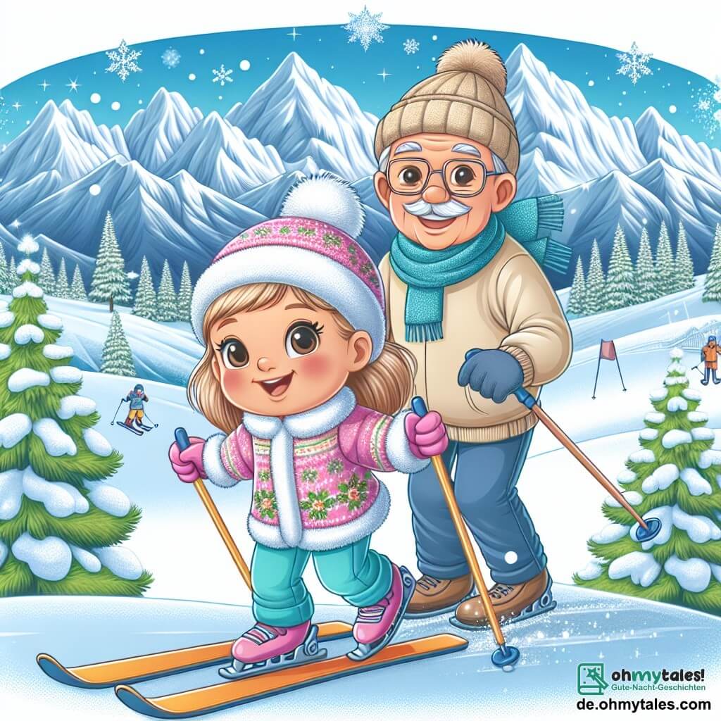Une illustration destinée aux enfants représentant une fillette joyeuse en train de faire du ski avec son grand-père, dans un paysage enneigé de montagnes majestueuses et de sapins recouverts de neige scintillante.