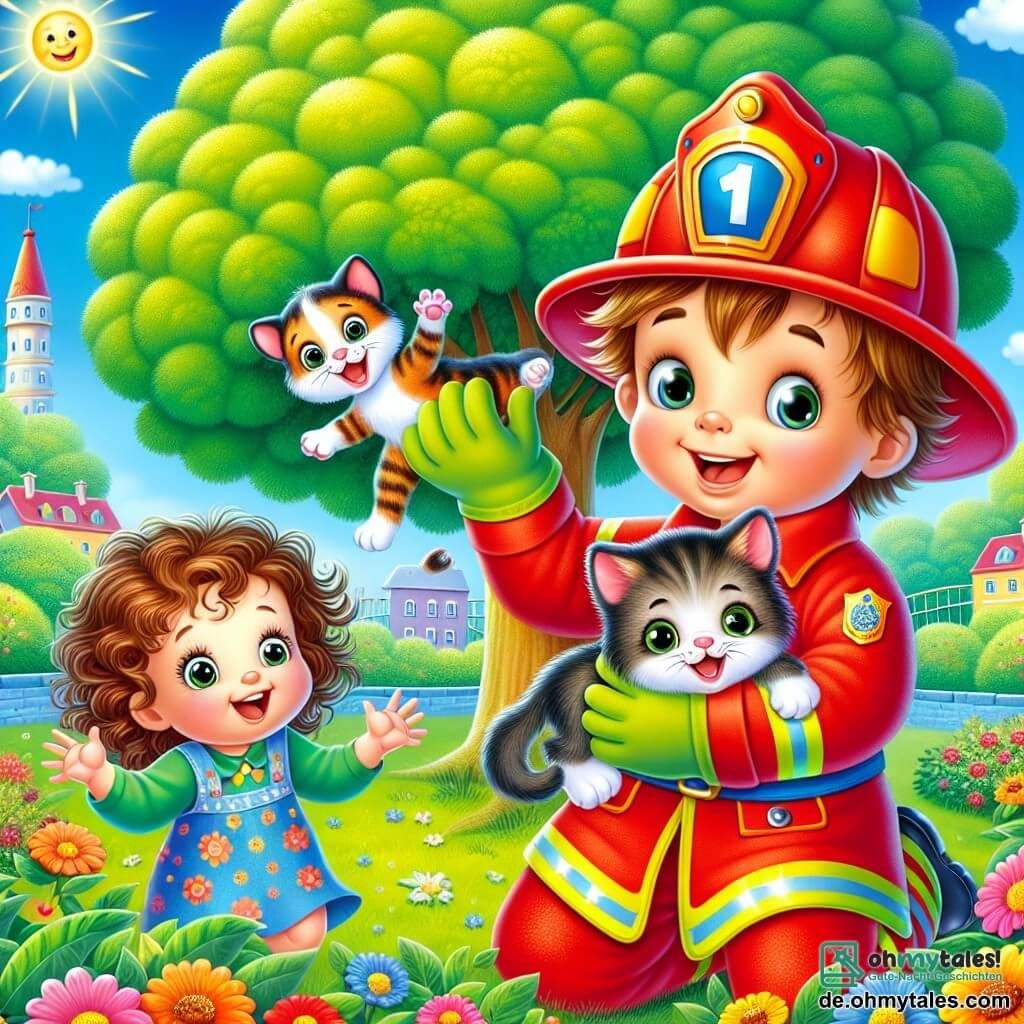 Une illustration sous forme de dessin destinée aux enfants représentant un parc verdoyant avec un grand arbre au centre, où un homme en uniforme de pompier rouge, portant un casque brillant et un grand sourire, est en train de tenir délicatement un petit chaton aux yeux écarquillés, tandis qu'une petite fille aux cheveux bruns et bouclés, vêtue d'une robe colorée, regarde avec admiration et enthousiasme, illustrant ainsi le moment où le pompier sauve le chaton coincé dans l'arbre, entouré de fleurs colorées et d'un ciel bleu ensoleillé.