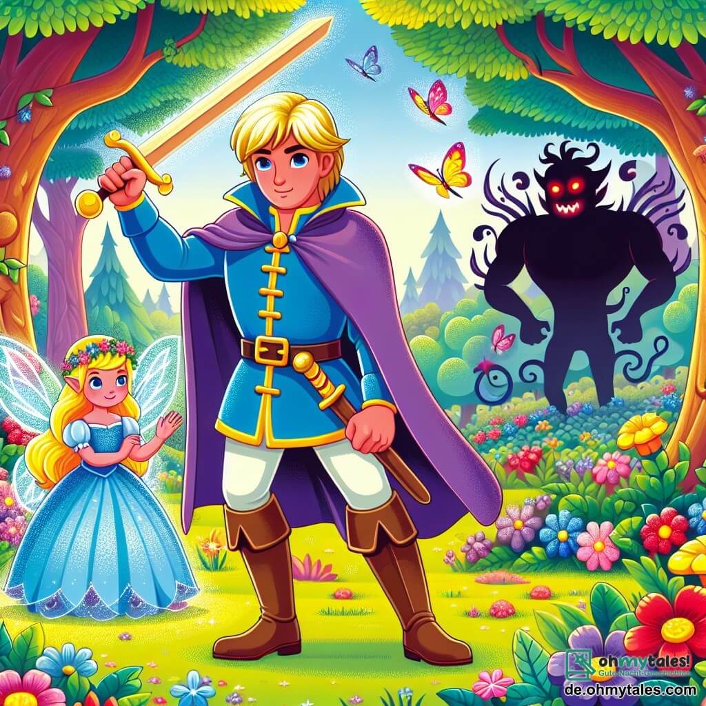 Une illustration sous forme de dessin destinée aux enfants représentant une forêt enchantée aux arbres colorés et aux fleurs scintillantes, où un prince courageux aux cheveux blonds et à la tunique bleue, brandissant un épée en bois, fait face à une créature sombre avec des yeux rouges brillants, tandis qu'une petite fée aux ailes étincelantes et aux cheveux violets flotte à ses côtés, illuminant la scène avec sa magie, alors qu'ils s'apprêtent à affronter les ombres menaçantes pour retrouver le cœur magique du royaume.