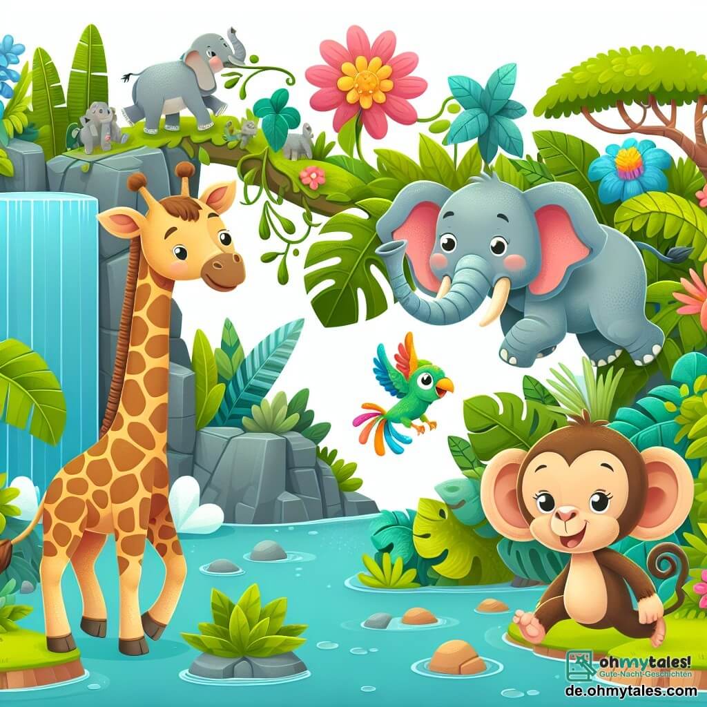 Une illustration destinée aux enfants représentant une girafe curieuse, un éléphant joyeux et un singe espiègle explorant un zoo coloré rempli de plantes luxuriantes, de cascades étincelantes et d'animaux exotiques.