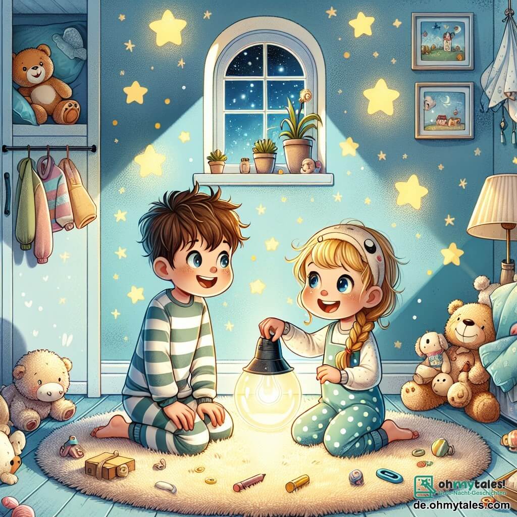 Eine Illustration zeigt ein warmes und einladendes Kinderzimmer mit hellblauen Wänden und funkelnden goldenen Sternen an der Decke. In der Mitte des Raumes sitzt ein 6-jähriger Junge mit zerzausten braunen Haaren und gestreiftem Schlafanzug, der neugierig auf das sanfte Licht eines kleinen, mondförmigen Lampenstrahls blickt. Neben ihm sitzt ein 6-jähriges Mädchen mit geflochtenen blonden Haaren in einem gepunkteten Kleid, das eine Taschenlampe hält, die lustige Schatten an die Wände wirft. Die beiden Kinder, die auf einem weichen, grasförmigen Teppich sitzen, lachen zusammen, während sie die von dem Licht erzeugten Schatten jagen. Das Zimmer ist mit verstreuten Spielzeugen gefüllt, und ein offenes Fenster zeigt einen sternenklaren Himmel, was der Atmosphäre einen magischen Touch verleiht. Um sie herum liegen lächelnde Plüschtiere, und eine bunte Decke umhüllt sie, was ein Gefühl von Sicherheit und Kameradschaft in der Dunkelheit schafft.