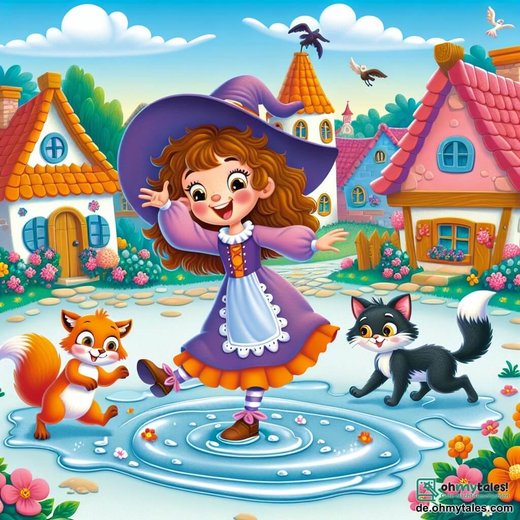 Une illustration sous forme de dessin destinée aux enfants représentant un village coloré et magique, avec des maisons aux toits en pente et des jardins fleuris, où une jeune apprentie sorcière aux cheveux ébouriffés et portant un grand chapeau incliné, en train de danser joyeusement au milieu d'une grande flaque d'eau scintillante qui s'est transformée en un glissant et amusant gummihuhn, tandis qu'un petit renard orange aux yeux malicieux et un chat noir aux yeux pétillants, tous deux riant, l'observent avec émerveillement et amusement, illustrant ainsi l'esprit enchanteur et ludique de l'histoire.