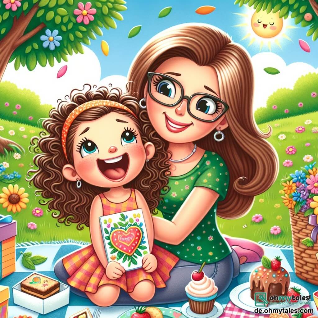 Une illustration sous forme de dessin destinée aux enfants représentant un parc verdoyant par une belle journée ensoleillée, avec une fillette de 7 ans aux cheveux bruns et bouclés, souriante et pleine d'énergie, assise sur une couverture colorée, entourée de délicieuses friandises et tenant une carte faite main, tandis qu'une femme d'âge moyen, avec des cheveux châtains et des lunettes, la regarde avec tendresse et émerveillement, illustrant un moment joyeux de leur pique-nique pour la fête des mères, avec des fleurs colorées et des oiseaux chantants en arrière-plan.