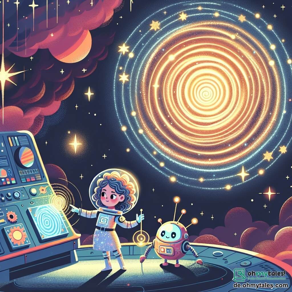 Une illustration sous forme de dessin destinée aux enfants représentant un vaste espace étoilé, avec un grand vaisseau spatial coloré flottant près d'une magnifique anomale lumineuse en forme de spirale, où une femme scientifique aux cheveux bouclés et brillants, portant une combinaison spatiale scintillante, travaille avec concentration sur un tableau de contrôle, tandis qu'un petit robot amical, de forme ronde et aux yeux pétillants, l'assiste en lui montrant des outils, le tout dans une ambiance d'aventure et de découverte, illustrant leur mission pour explorer les mystères de l'univers.