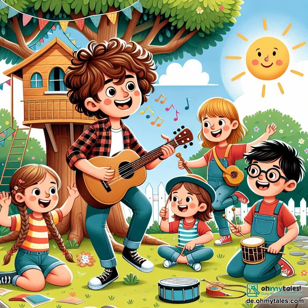 Une illustration sous forme de dessin destinée aux enfants représentant un parc ensoleillé avec un grand arbre et un arbre-maison coloré, où un homme aux cheveux bruns et bouclés, vêtu d'une chemise à carreaux et d'un jean, sourit joyeusement en jouant de la guitare, entouré de plusieurs enfants : une fille aux tresses qui danse avec enthousiasme, un garçon en t-shirt rouge qui bat la mesure sur une petite batterie, et un autre garçon aux lunettes qui tient une ukulélé, tous chantant ensemble une chanson sur l'amitié et l'aventure, créant une atmosphère de joie et de créativité.