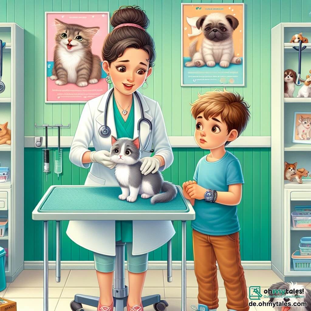 Illustration einer hellen und einladenden Tierarztpraxis mit pastellgrünen Wänden und bunten Tierpostern. In der Mitte untersucht eine etwa dreißigjährige Tierärztin mit hochgestecktem braunem Haar, die einen weißen Kittel und Latexhandschuhe trägt, aufmerksam eine kleine graue Katze, die auf einem Untersuchungstisch liegt. Neben ihr steht ein etwa 8-jähriger Junge mit zerzausten blonden Haaren und einem blauen T-Shirt, der mit weit aufgerissenen Augen zuschaut und ein hundeförmiges Spielzeug in den Händen hält. Die Hauptsituation zeigt die Tierärztin, die den Jungen beruhigt und ihm die Pflege erklärt, die sie der Katze zukommen lässt, während ein kleiner Hund, der auf dem Boden sitzt, neugierig die Szene beobachtet. Veterinärinstrumente wie ein Stethoskop und Spritzen liegen auf dem Tisch und verleihen der Umgebung einen realistischen Touch.