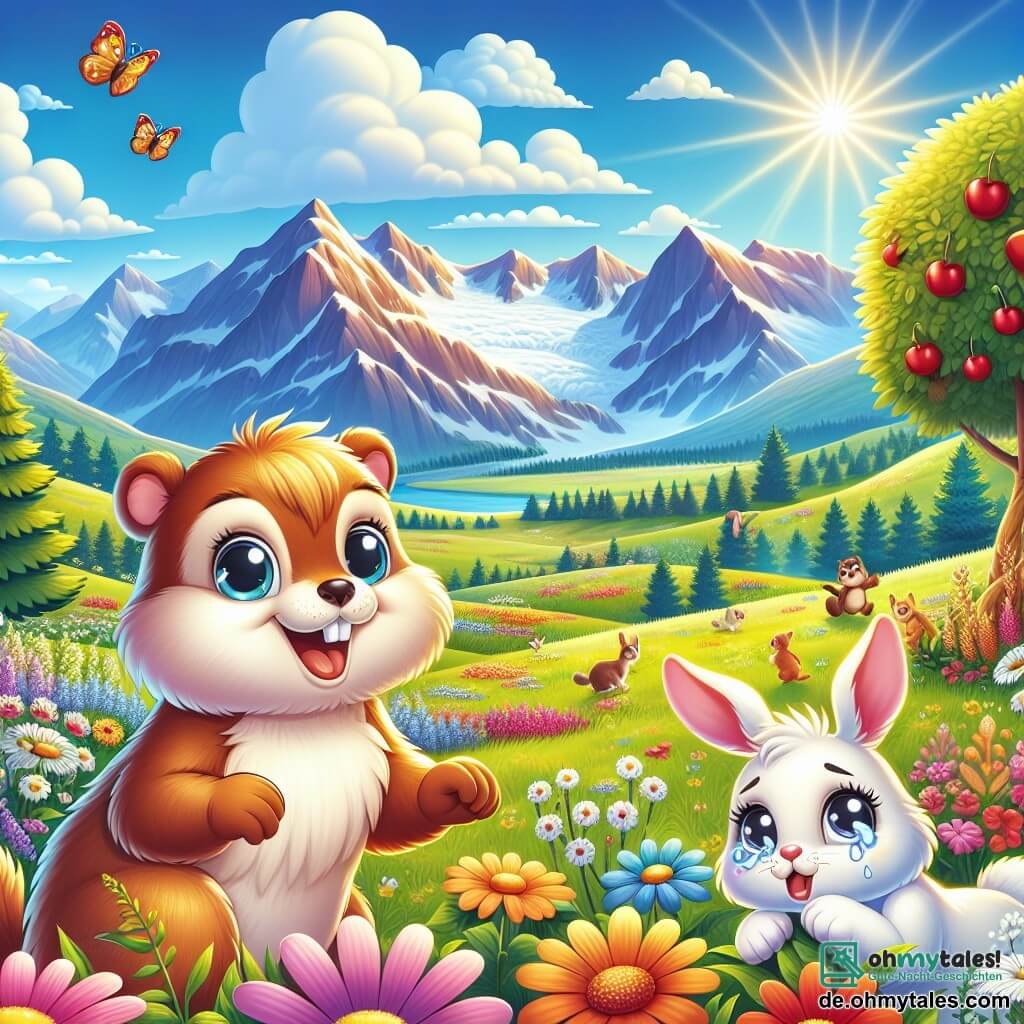 Eine Illustration zeigt eine verzauberte Szene in einem weiten Feld mit bunten Blumen, wo majestätische Berge im Hintergrund unter einem strahlend blauen Himmel emporragen. In der Mitte steht ein kleines, goldenes und glänzendes Murmeltier mit großen, neugierigen Augen auf seinen Hinterbeinen, ein fröhliches Lächeln auf dem Gesicht, bereit, die Welt um sich herum zu erkunden. Neben ihm springt ein junger, hellbrauner Hase mit aufrechten Ohren und einem schelmischen Ausdruck enthusiastisch, während ein kleines Kätzchen mit traurigen Augen und weißem Fell sich hinter einem Blumenstrauch versteckt und Trost sucht. Die Szene strahlt eine Atmosphäre von Freundschaft und Abenteuer aus, mit bunten Schmetterlingen, die umherflattern, und leuchtend roten Kirschen, die an den Ästen eines nahegelegenen alten Kirschbaums hängen. Die Sonnenstrahlen erhellen die Landschaft und schaffen eine warme und einladende Stimmung, perfekt für ein magisches Abenteuer.