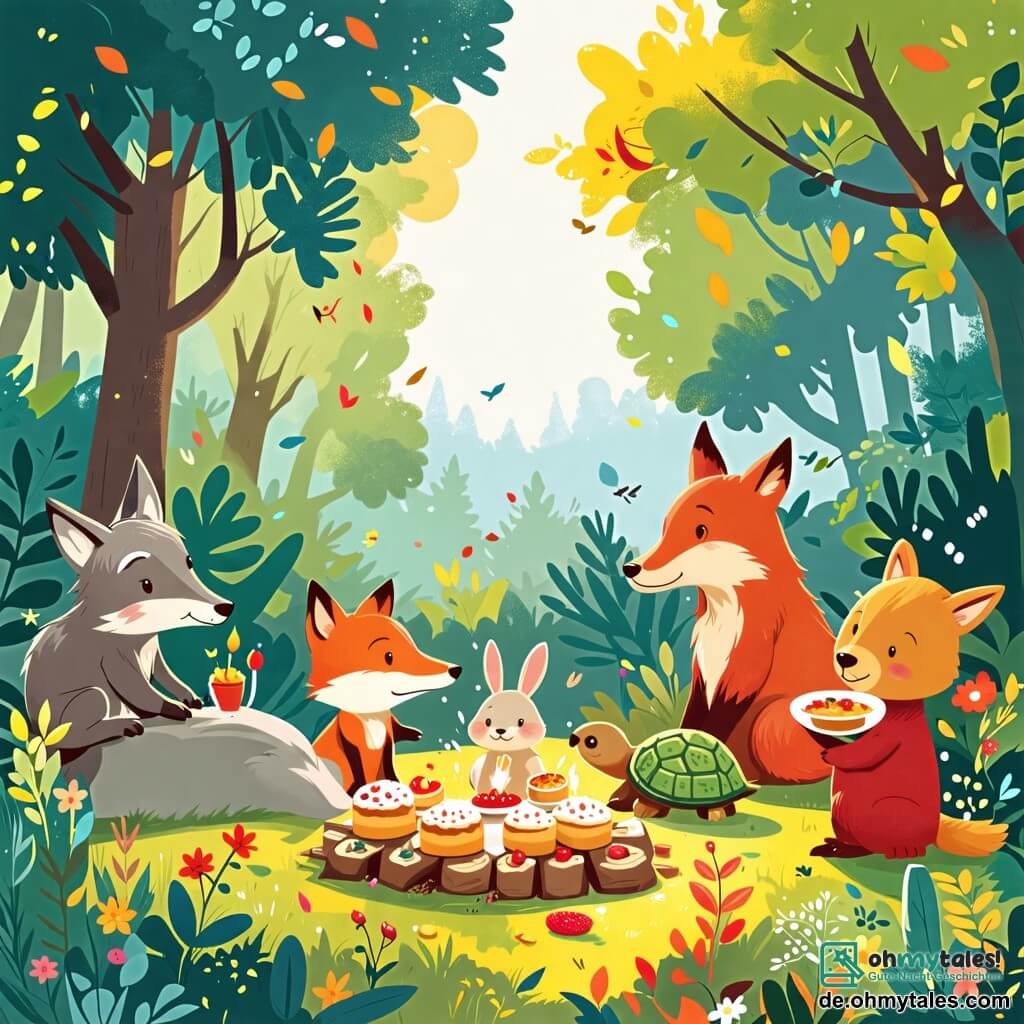 Une illustration sous forme de dessin destinée aux enfants représentant une clairière ensoleillée dans une forêt colorée, où un loup joyeux avec un pelage gris et des yeux pétillants danse et chante, entouré d'un renard rusé avec une queue touffue et une tortue souriante qui prépare des gâteaux sur une grande pierre, tandis que d'autres animaux comme un lapin curieux et un ours affamé se rassemblent pour célébrer un festin rempli de rires et de joie.