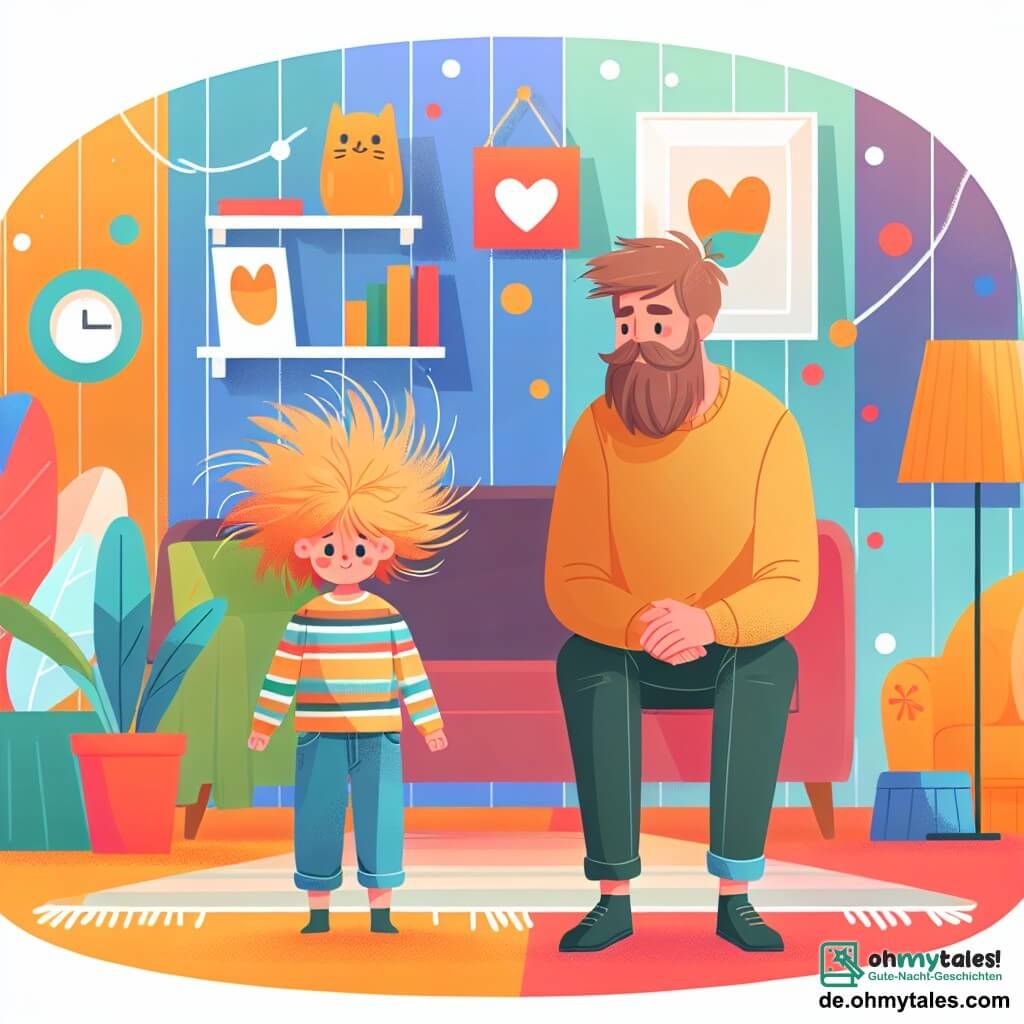 Une illustration destinée aux enfants représentant un garçon aux yeux brillants et aux cheveux sauvages, confronté à la séparation de ses parents, avec son père à la barbe chaleureuse, dans une maison chaleureuse et accueillante aux murs colorés et aux meubles douillets.