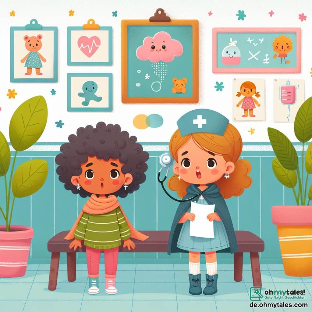 Une illustration destinée aux enfants représentant une fillette courageuse découvrant sa maladie lors d'une visite médicale, accompagnée de sa meilleure amie, une petite fille aux cheveux bouclés, dans une salle d'attente colorée et chaleureuse décorée de dessins joyeux et de plantes vertes.