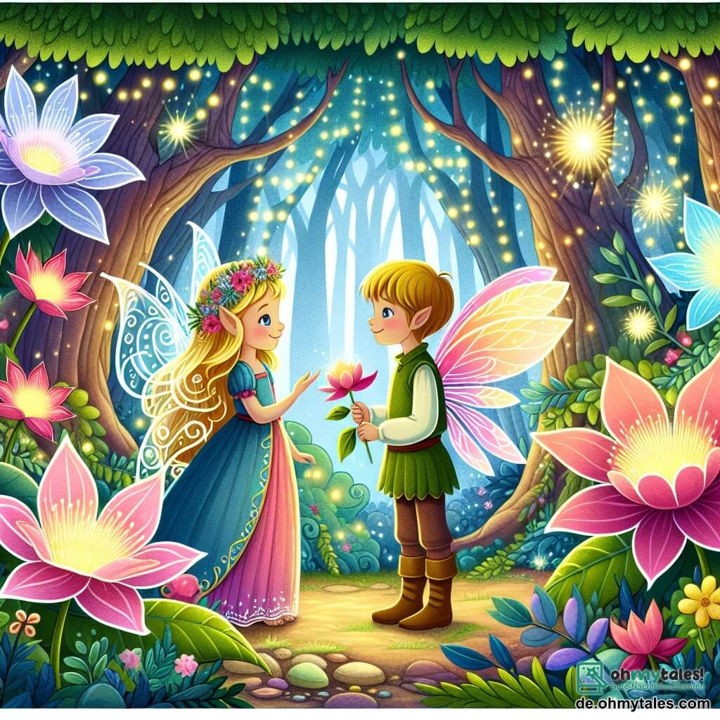 Une illustration destinée aux enfants représentant un lutin fillette rencontrant un garçon humain dans un mystérieux et coloré bosquet enchanté, rempli de géantes fleurs lumineuses et d'arbres majestueux, situé au cœur d'une forêt magique.