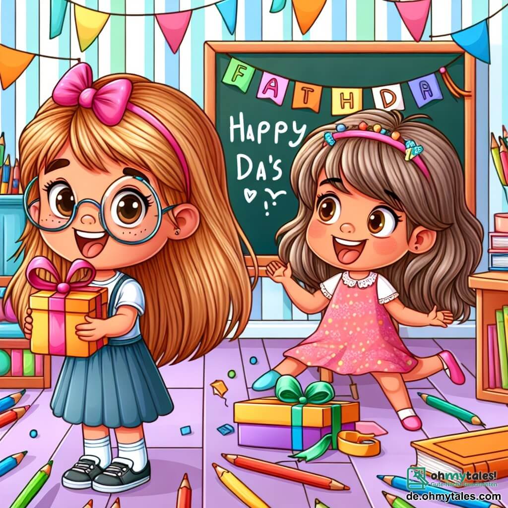 Une illustration destinée aux enfants représentant une fillette pleine d'imagination cherchant un cadeau spécial pour la fête des pères, accompagnée de son amie Mia, une jeune fille aux idées brillantes, dans une chambre colorée remplie de livres et de crayons.