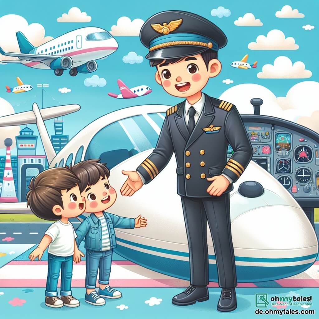 Une illustration destinée aux enfants représentant un pilote d'avion, un garçon vêtu d'une uniforme chic et d'une mignonne casquette de pilote, accueillant deux petits garçons émerveillés, Max et Tim, dans le cockpit de son avion, entourés par un aéroport animé avec d'autres avions colorés et des nuages blancs dans le ciel bleu.