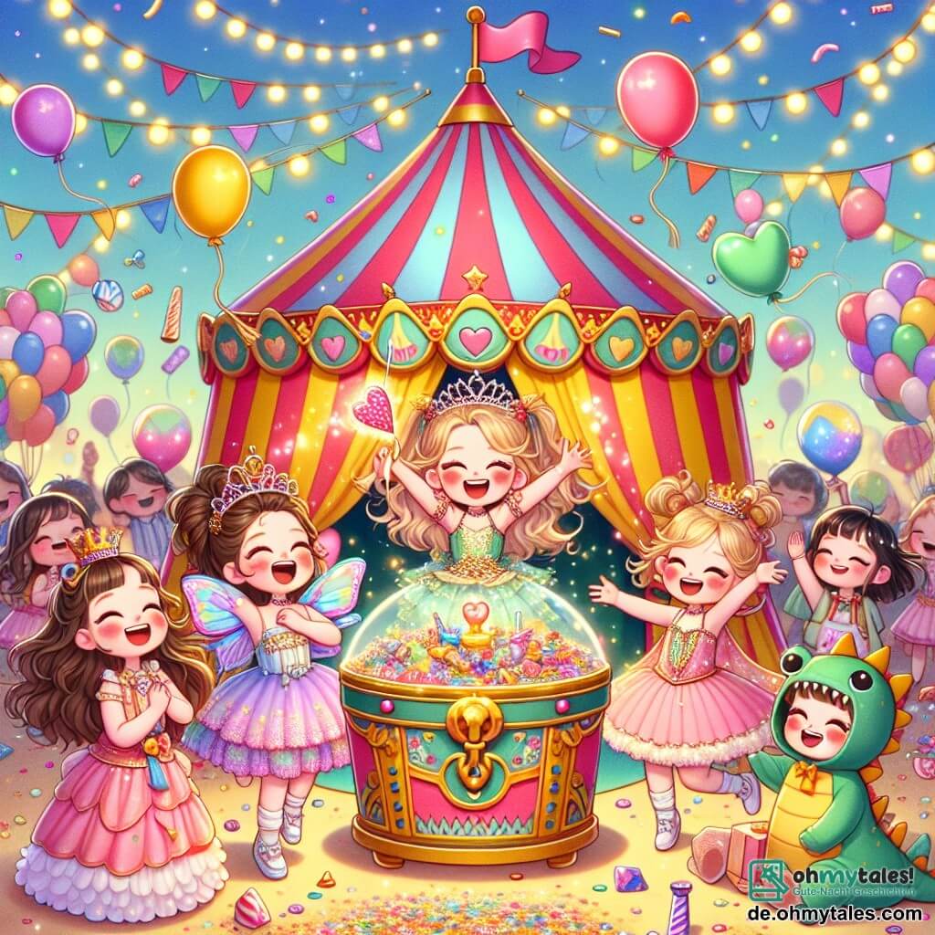 Illustration einer lebhaften Karnevalsszene. In der Mitte ein großes, buntes Zirkuszelt mit roten und gelben Streifen, umgeben von funkelnden Lichtergirlanden. Der Boden ist mit bunten Konfetti bedeckt, die im Wind tanzen. Im Vordergrund stehen drei kleine Mädchen, etwa 6 bis 7 Jahre alt. Das erste Mädchen mit glänzenden Schmetterlingsflügeln und einem Kleid in Pastellfarben lächelt fröhlich und hält einen herzförmigen Ballon. Das zweite Mädchen, in einem rosa Prinzessinnenkleid mit einer glitzernden Krone, hebt begeistert die Arme in die Luft. Das dritte Mädchen, verkleidet als kleiner Drache mit einem grünen Anzug und kleinen Hörnern, zeigt auf eine große, bunte Truhe zu ihren Füßen. Die Mädchen entdecken die Truhe, die überquillt von bunten Süßigkeiten und funkelndem Spielzeug. Kinder lachen und spielen um sie herum, während Seifenblasen in der Luft schweben. Der Himmel ist blau und sonnig, was zur fröhlichen und festlichen Atmosphäre dieses magischen Moments beiträgt.
