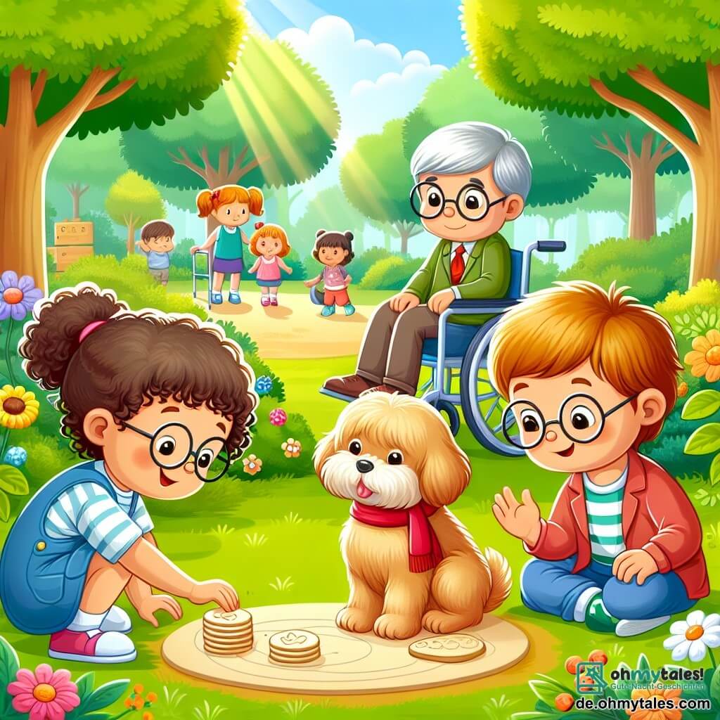 Une illustration sous forme de dessin destinée aux enfants représentant un joyeux parc ensoleillé avec des arbres verdoyants et des fleurs colorées, où un groupe de trois enfants de 3 ans, deux filles aux cheveux bouclés et une fille en fauteuil roulant, s'agenouille autour d'un petit chien au pelage doré portant un foulard rouge, en train de résoudre le mystère du sandwich disparu, tandis qu'un garçon aux lunettes observe avec curiosité, ajoutant une touche d'aventure à cette scène de petits enquêteurs en herbe.