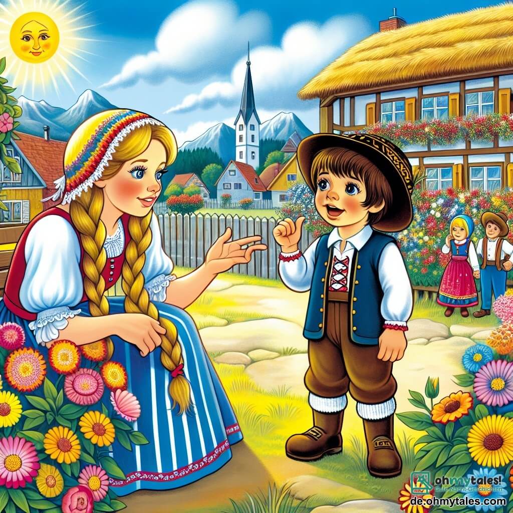 Une illustration destinée aux enfants représentant un petit garçon curieux, découvrant une scène de dispute entre ses parents, avec l'aide d'une nouvelle amie fille aux longs cheveux, dans un jardin ensoleillé aux fleurs colorées du village de Blumenfeld.