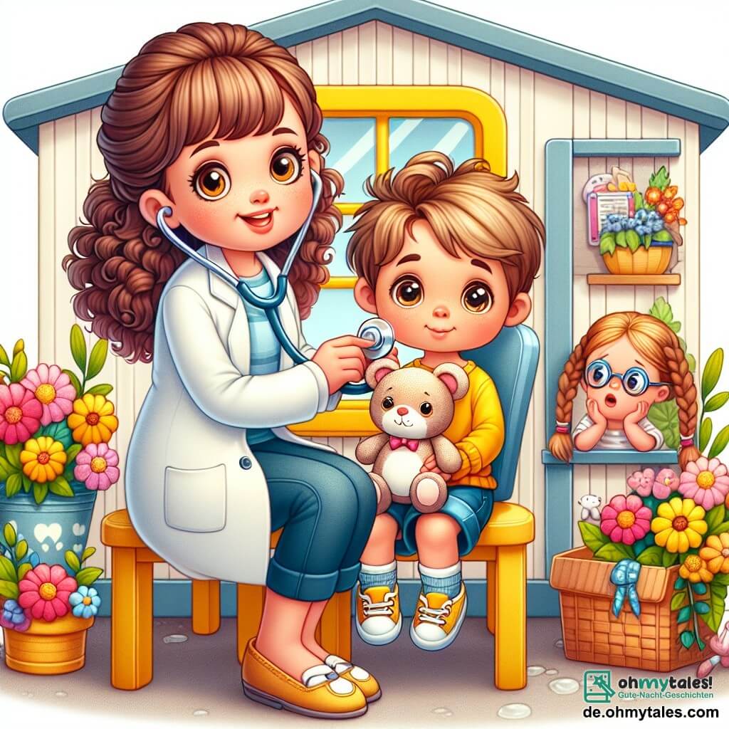 Une illustration sous forme de dessin destinée aux enfants représentant une charmante petite clinique médicale aux murs jaunes, entourée de fleurs colorées, où une femme médecin souriante aux cheveux bruns et bouclés, portant un stéthoscope autour du cou, examine un jeune garçon aux zygomatiques ronds et aux yeux pétillants, assis sur une chaise, tenant un peluche en forme de lapin, tandis qu'une petite fille aux tresses et à la grande lunettes de soleil observe avec curiosité, le tout dans une ambiance chaleureuse et amicale, illustrant l'importance de la santé et de l'amitié.